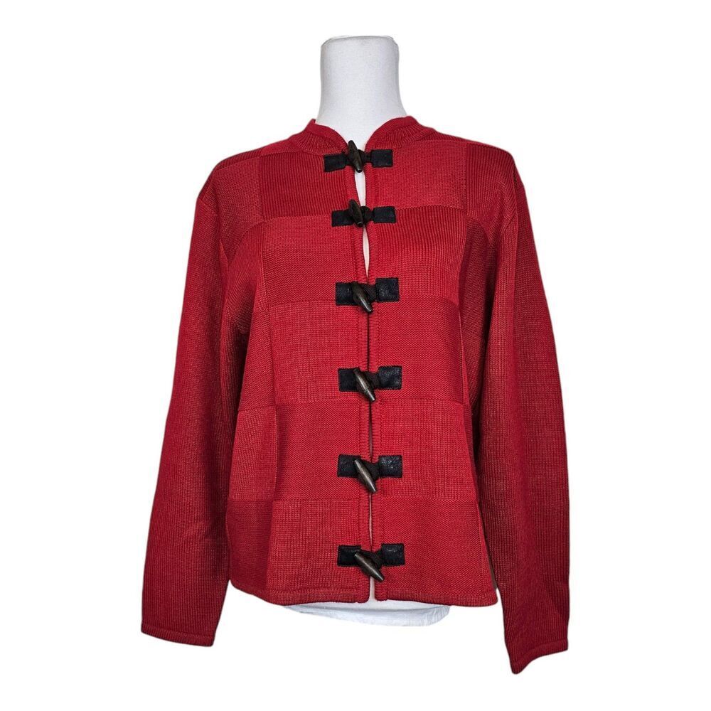 Vintage Crystal Kobe Red Cardigan Sweater with Wooden Buttons Size XL
